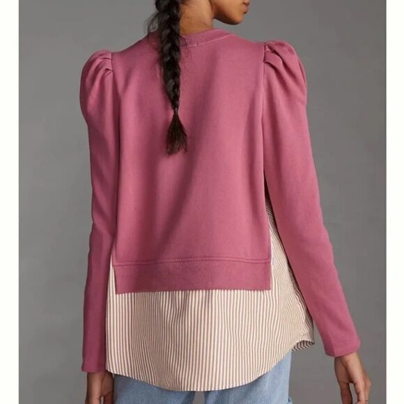 Anthropologie Maeve Layered Tunic Puff Sleeve Crew Neck Sweatshirt Pullover Top - Picture 3 of 15